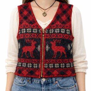Vintage 100% Wool Reindeer Zip Vest Sweater – Women’s Medium
